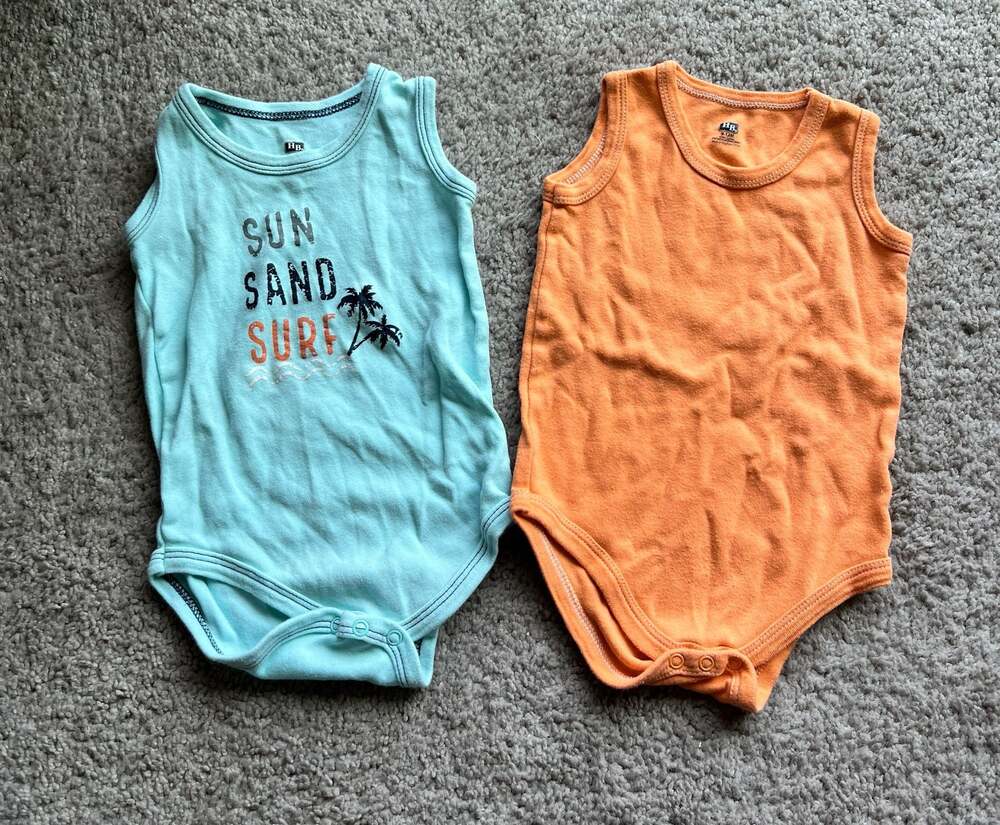 (#21) Hudson Baby BoySleeveless Bodysuits 2-Pack, Sun Sand Surf, 9-12m